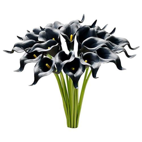 Wisafory 10 flores artificiales de cala, lirio artificial, látex. Ramo de novia artificial, decoración para boda, salón, oficina, hotel, cocina, color negro