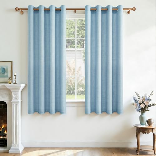 CUTEWIND Rideau Voilage Lin Naturel Court Semi-Transparent à Oeillets Bleu, Rideaux et Draperies Intérieurs pour Cuisine Salon Chambre Salle à Manger Petite...