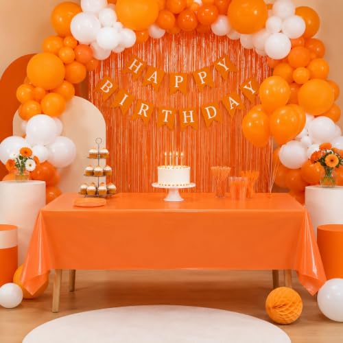 Image of Blue Orchards Orange Plastic Table Cover (Pack of 3 with 20 Glue dots) - 54 inch x 108 inch - Waterproof & Disposable Tablecloth for Halloween, Autumn Decoration, Thanksgiving, Birthday Party Supplies