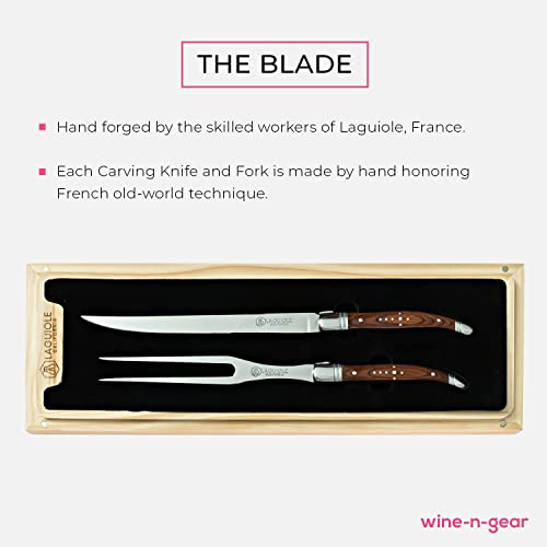 Laguiole California Carving Knife and Fork Set (11 inch) - Rosewood - Stainless Steel - Ergonomic Handles - Stored in a California Oakwoo...