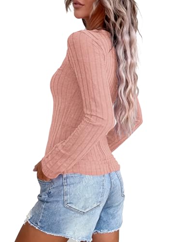 Image of KINLONSAIR Women's Long Sleeve Henley T Shirts Button Down Slim Fit Tops Scoop Neck Ribbed Knit Shirts