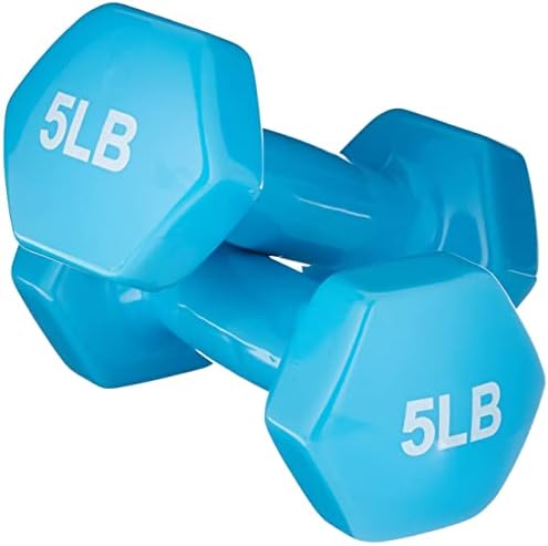 Amazon Basics Vinyl Hexagon Workout Dumbbell Hand Weight, 5 Pounds, Set of 2, Light Blue