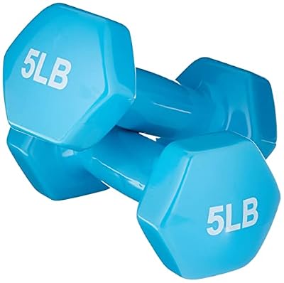 Amazon Basics Vinyl Coated Hex Dumbbell Hand Weights with Non-Slip Grip, 5 Pounds, Light Blue, Pair