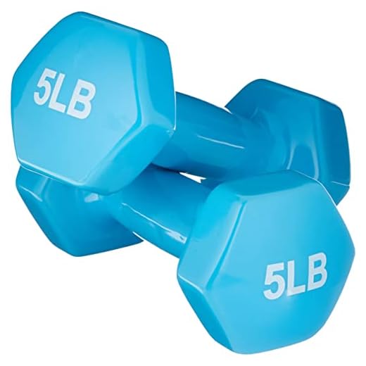 Amazon Basics Vinyl Hexagon Workout Dumbbell Hand Weight, 5-Pound, Light Blue - Set of 2