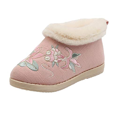 Kids Girls Winter Warm Embroidery Flat Anti-Slip House Shoes Indoor Outdoor Slippers Fur Lined Plush Snow Boots(Toddler/Little Kid)