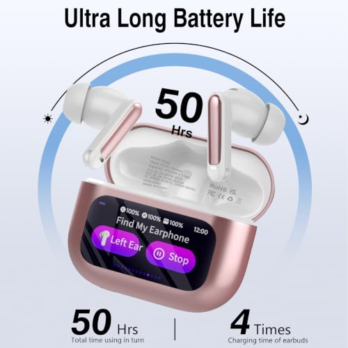Image of Thunelec Wireless Earbuds with Touch Screen, 2026 New Bluetooth 5.4 Headphones with ANC /ENC Mic, 50H HiFi Stereo Ear Buds with 5 EQ Modes, Transparency Mode, IPX7 Earphones for Running, Rose Glod