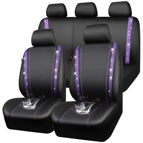 CAR PASS Bling Diamond Car Seat Covers Full Set Shining Rhinestone Waterproof Faux Leather Rear with Zipper Universal Fit Automotive Glitter Crystal Sparkle Strips for Women Violet Purple Rhinestone