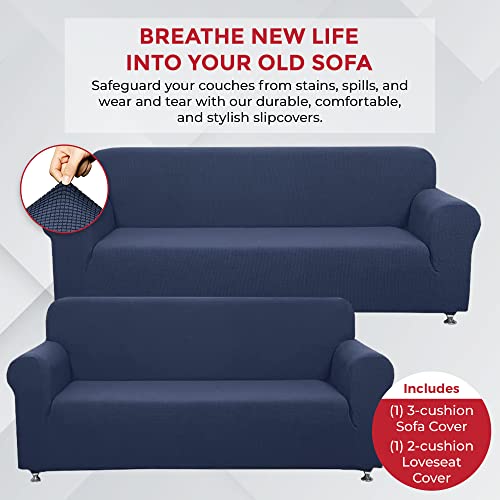 Sapphire Home 2-Piece Sofa and Loveseat Slipcovers, Couch and Loveseat Covers Set, Form fit Stretch, Wrinkle Free, Furniture Protector, Sofa Covers for Living Room, Polyester Spandex (Blue)