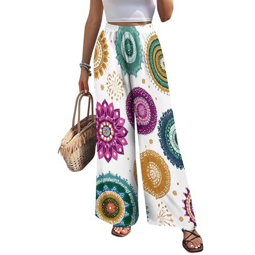 Womens 2025 New Floral Print Wide Leg Pants Lounge Baggy Elastic High Waist Straight Leg Palazzo Trousers2