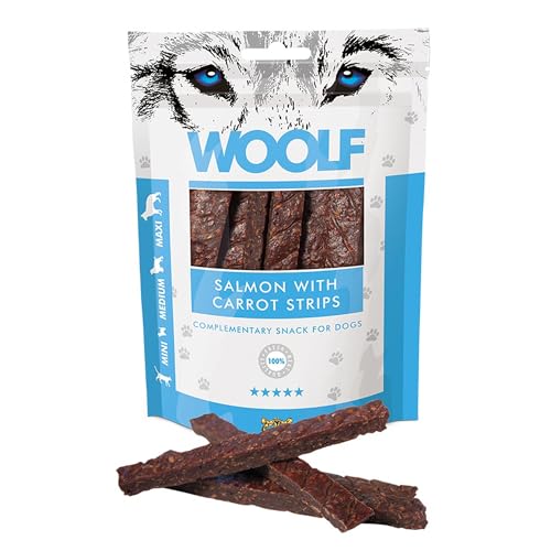 Snack per cani naturali con salmone e carote ricchi di omega 3 premietti per cani addestramento bocconcini salutari senza conservanti 100 g | WOOLF