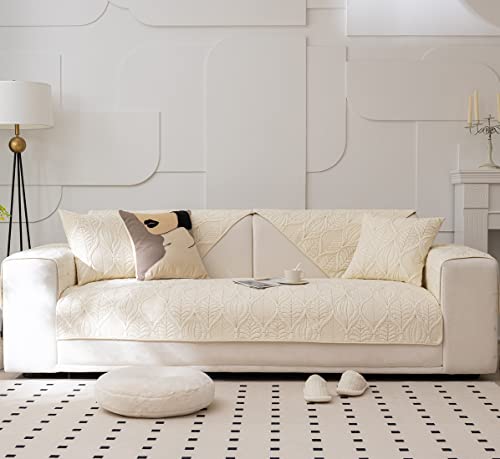 Xslive Farmhouse Couch Cover Solid Color Neutral Sofa Cover Soft Cotton Quilted Sectional Couch Covers Non Slip Washable Sofa Slipcover Furniture Protector For Living Room (Ivory D,28"X28") #TOP1