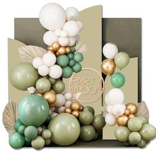 Image of PartyWoo 140 pcs Olive Green Balloon Arch Kit, Sage Green Balloon Garland Kit with Cream White Metallic Gold Retro Green Clear Balloons and Arch Kit for Birthday, Baby Shower, Wedding