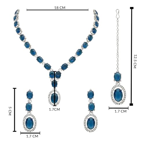 Image of I Jewels Silver Plated Stylish Design Crystal Diamond Necklace With Earrings & Maang Tikka Jewellery Set for Women