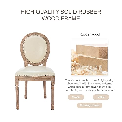 Image of Virabit French Country Dining Chairs Set of 2, Leather Dining Chairs with Curved Backrest, Vintage French Accent Chairs for Living Room, Kitchen, Restaurant (Beige)
