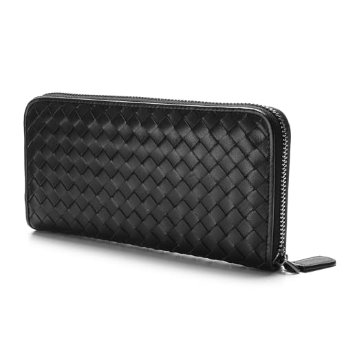 2R Braided Genuine Leather Zipper Wallet, Soft Lambskin, Woven Design (Black)4