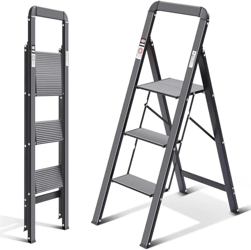 LVSEWOA Escalera telescópica Plegable de 3 peldaños con pasamanos, Antideslizante, para Uso doméstico, con Mecanismo antiplegado, Color Negro