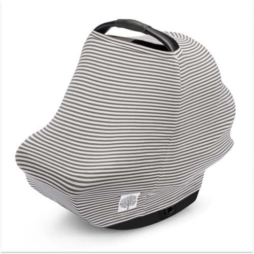 Image of Parker Baby 4 in 1 Car Seat Cover for Girls and Boys - Stretchy Carseat Canopy, Nursing Cover, Grocery Cart Cover, High Chair Cover - inchPewter /Snow Stripes inch