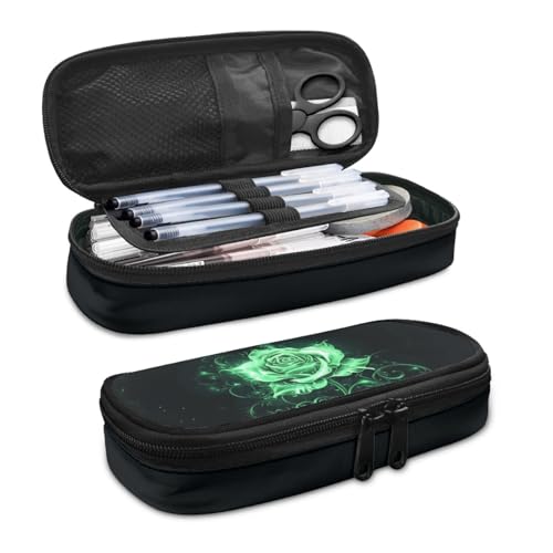 Image of Green Rose Pen Pouch for School Large Capacity Pencil Case Teen Girls Pen Bag with Slots Lightweight Stationery Organizer for Girls, 8.8 inch x 4.1 inch x 1.7 inch