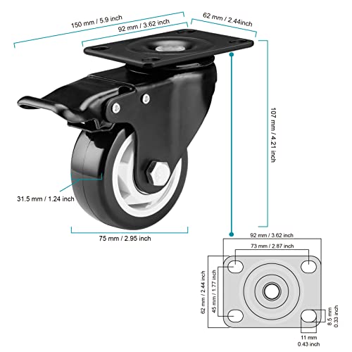 Caster Wheels - 3 Inch Casters Set Of 4 Heavy Duty, Bosgeot Locking Industrial Casters With 360 Degree No Noise Polyurethane Wheels, Swivel Plate Casters With Brake - Pack Of 4 #TOP2