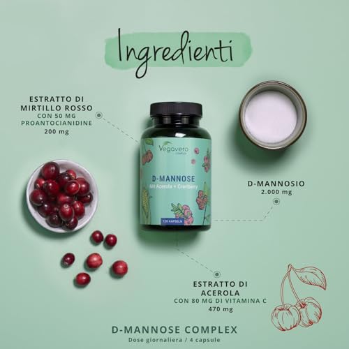 D-MANNOSIO Puro 2.000 mg | con Mirtillo Rosso e Vitamina C | 100% NATURALE | Alto Dosaggio | per Cistite e Vie Urinarie | Vegan e Senza Additivi | Testato in laboratorio | 120 capsule - Immagine 3