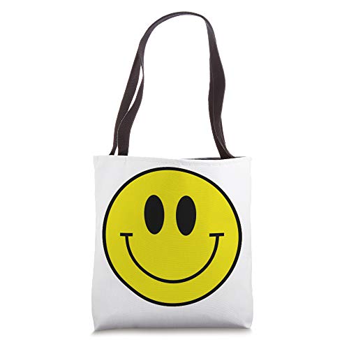 Bolso tipo tote amarillo con diseño de cara sonriente feliz estilo años 90 y Y2K miniatura 1