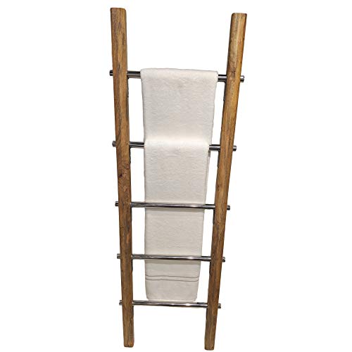 Towel Ladder for Bathroom in Modern Farmhouse Style | Handcrafted 5 ft Wooden Ladder with Stainless Steel Metal Rungs | Use as Blanket Rack - Quilt Ladder - Decorative Leaning Ladder
