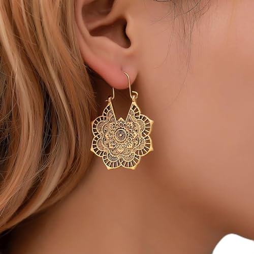 TseenYi Boho Gypsy Mandala Flor Pendientes Vintage Pendientes Colgantes Retro Metal Hueco Mandala Pendientes De Oro Mandala Gota Aro Pendientes Flor Colgante Joyas Para Mujeres Y Niñas Regalos