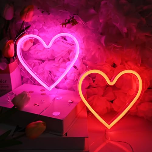 Image of Britrio Pink Heart Neon Sign, Red Heart LED Neon Light Room Decor for Girl Bedroom for Birthday Party Home Wall Decoration Mothers Day Valentine Gifts Battery Operated or USB Powered