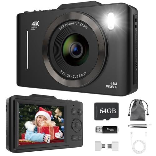 Macchina Fotografica Digitale 4K: 48MP Fotocamera Digitale con Scheda di Memoria Da 64GB, Schermo LCD da 2,8', Zoom Digitale 16x, Camera Digitale per Bambini, Adolescenti e Principianti (Nero)