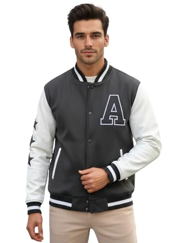 Image of CHKOKKO Men's Regular Varsity Jacket with Snap Button Closure and Patch Design Trendy Comfortable Outerwear for College Travel and Casual Wear