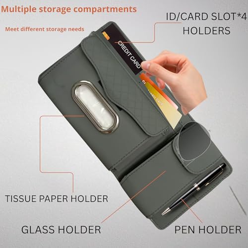 Image of DETACHI Car Sun Visor Organizer with Tissue Paper, Sunglass Pen Card Small Document Storage Pouch & Phone Holder, Leatherette, Multi-Pocket with Zipper Net-(Grey, 18X3X37CM)