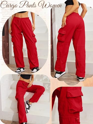 QYANGG Baggy Parachute Pants for Women& Girls Drawstring Elastic Low Waist Ruched Cargo Pants Multiple Pockets Jogger Y2K2