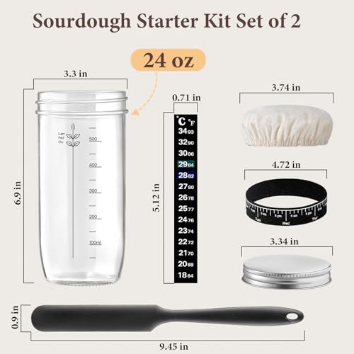 Glass Sourdough Starter Jar 2 Pack, 24 oz Wide Mouth Organic Sourdough Starter Kit with Date Marked Band, Thermometer, Cloth Cover & Metal Lid, Reusable Bread Baking Supplies, Bread Making Accessories