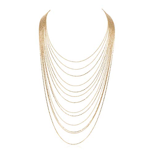 RIAH FASHION Boho Chain Drape Multi Strand Long Layered Waterfall Necklace - Statement Bib, Metallic Bead Collar Choker, Bohemian Fringe Tassel (Multi Chain Mix - Gold)
