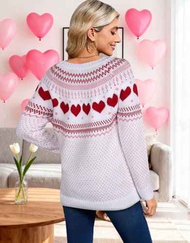 Image of Women's Fair Isle Sweater Crew Neck Long Sleeve Heart Sweater Vintage Tops