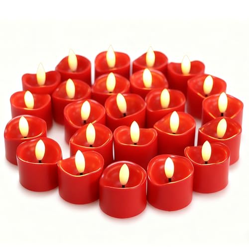 Image of CANDLE CHOICE Battery Operated Flameless Tea Lights Realistic Black Wick Bright Flickering LED Tealight Votive Candles Wedding Party Table Halloween Christmas Decorations Batteries Incl. 24 Pack Red