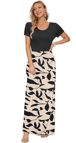 AUSELILY Damen Kurzarm Sommer Casual Long Maxi Kleider mit Taschen Schwarz Blätter M – Ansicht 3
