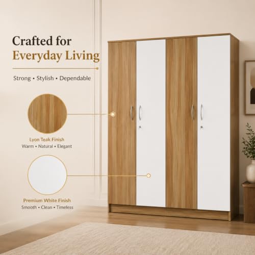 Image of Nexus Multipurpose 4-Door Wardrobe | Engineered Wood | Spacious Closet Storage | Lyon Teak & White Finish | Sturdy & Durable | Easy Knock-Down Assembly