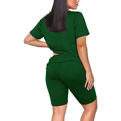 Women 2 Piece Outfit Textured Short Sleeve Crop Tops + High Waist Bodycon Pants Workout Tracksuit Set Green #TOP2