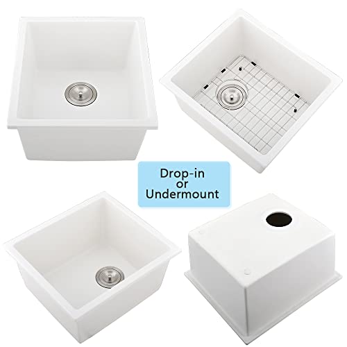 15 Inch Bar Sink Undermount Kitchen Sink - Vasoyo 15"X17" Wet Bar Prep Sink White Undermount Kitchen Sink Dual Mount Single Bowl Granite Sink Single Bowl Undermount Bar Sink With Bottom Grid & Drain #TOP6
