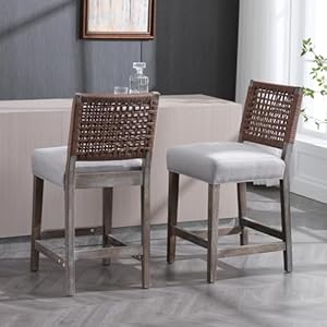27 farmhouse counter height bar stools set of 6 for kitchen island midcentury linen upholstered stool chairs with woven backrest and wood legs for home bardining counterpatio grey  urban country home decor
