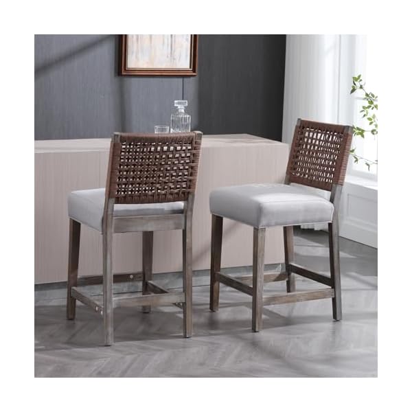 27 farmhouse counter height bar stools set of 6 for kitchen island midcentury linen upholstered stool chairs with woven backrest and wood legs for home bardining counterpatio grey  urban country home decor