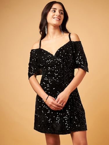 Image of DRAPE AND DAZZLE Women Shimmer Velvet Bodycon Dress with Shoulder Straps | Mini Dress | Western Dress for Women | DD-106