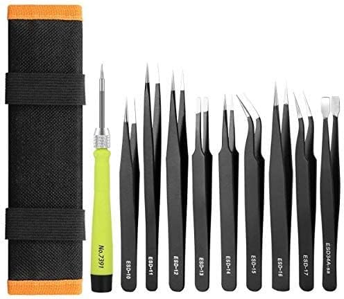 Hafeehoo 10PCS ESD Tweezers Kit, Precision Anti-Static Tweezers Set, Non-Magnetic, Multi-Standard Stainless Steel, Perfect for Lab, Electronics, Jewelry, Beauty, Detailed Work