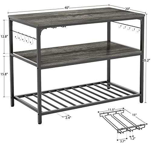 Homieasy Kitchen Island With Wine Glass Holder, Industrial Wood And Metal Coffee Bar Wine Rack Table, 3 Tier Spacious Kitchen Prep Table Extended Counter With Hooks Easy To Assemble, Black Oak #TOP2
