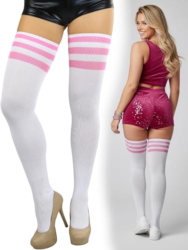 Image of ToBeInStyle Women's Heavyweight Knit Thigh High Long Socks w /Contrast 3 Stripe Top Band