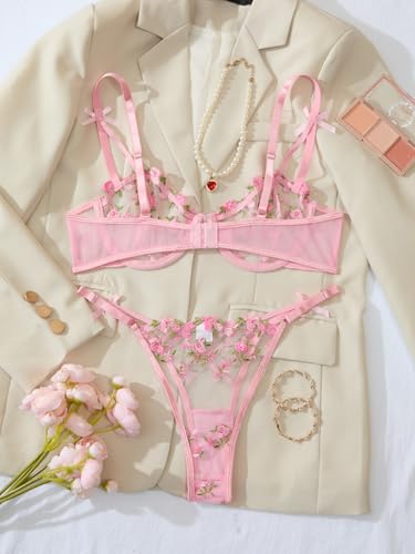 Lilosy Sexy Cute Underwire Push Up Strappy Heart Embroidered Mesh Sheer Lingerie Set for Women See Through Bra and Panty 2 Piece Bow Flower Pink Medium