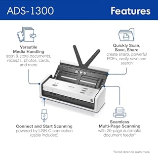 Brother ADS-1300 Compact Desktop Scanner | Scan Speeds of Up to 30ppm | Single Pass Double-Sided Scanning