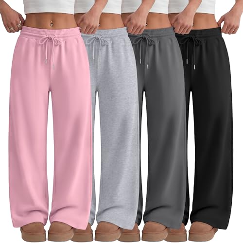 LessonZoo 4 Pack Teen Girls Sweatpants Wide Leg Drawstring Jogger Pants Straight Leg Athletic Trousers with Pockets Size 5-14(Pink Light Heather Gray Dark Gray Black 11-12 Years)