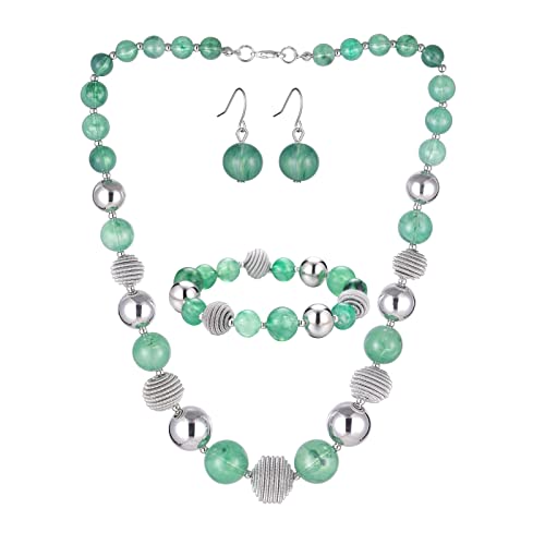 FULU AUTUMN 3 Pcs Parure de Bijoux Collier de Perles Grosses Bracelet et Boucles d'Oreilles Cadeau d'Anniversaire pour Femme(Jade Green)